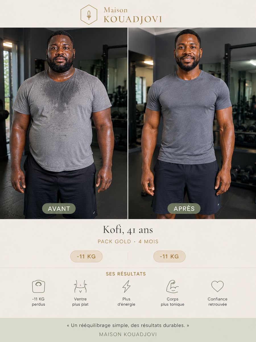 Kofi, 41 ans, avant et après quatre mois de Pack Gold : -11 kg, ventre plus plat, plus d'énergie
