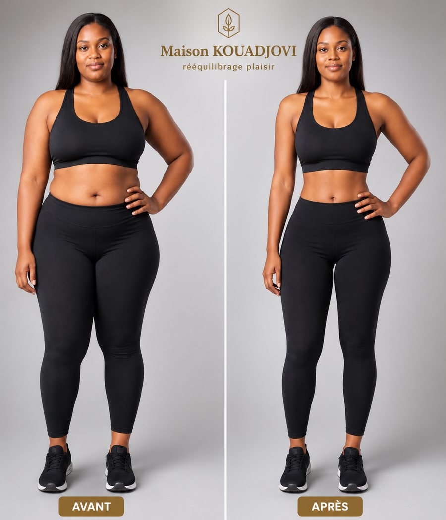 Mariam, avant et après cinq mois de rééquilibrage alimentaire avec Maison KOUADJOVI