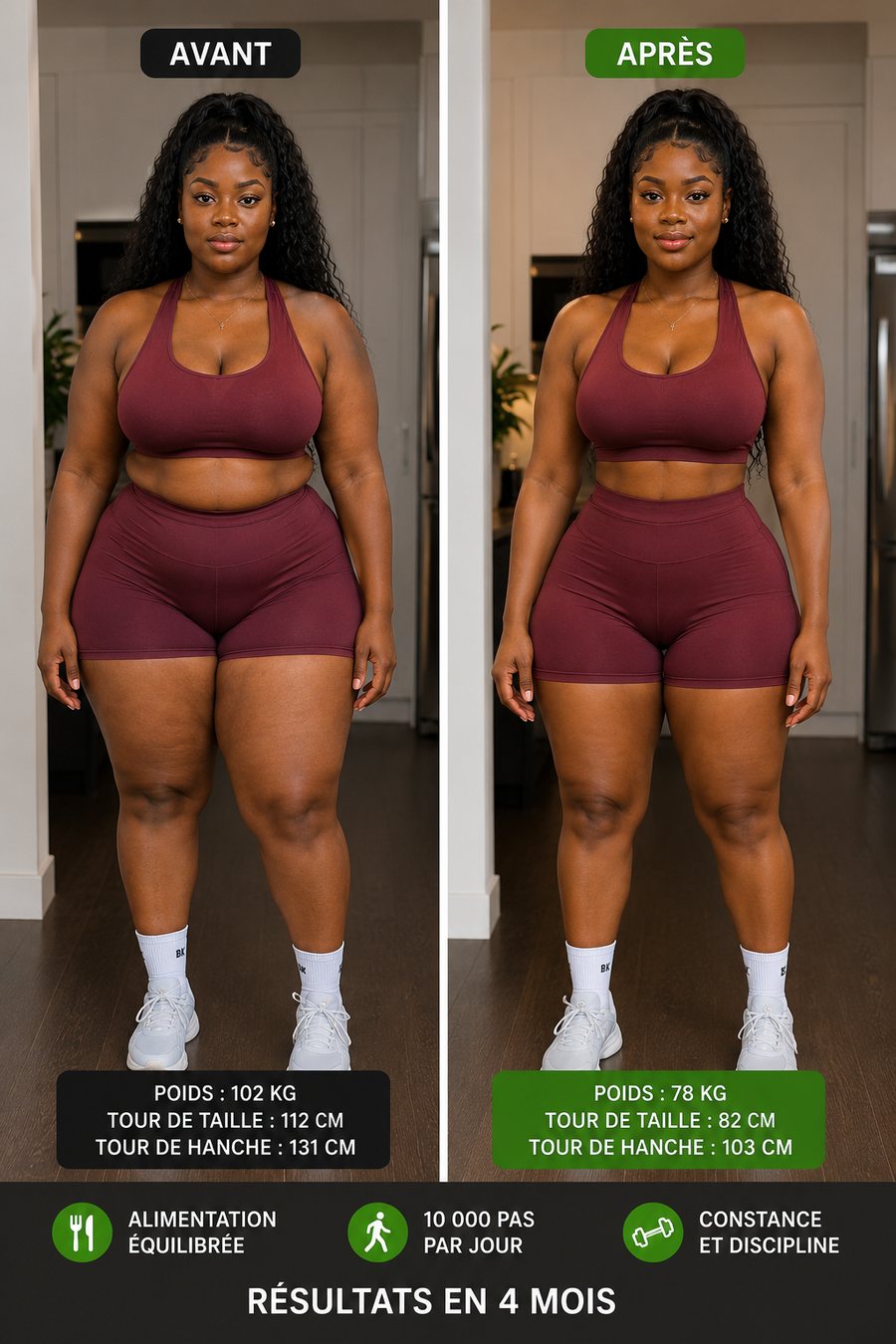 Avant et après quatre mois : 102 kg à 78 kg, tour de taille de 112 à 82 cm, tour de hanches de 131 à 103 cm